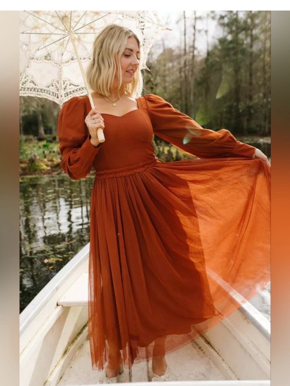 Ivy City Co. Florence Long Sleeve Tulle Midi Dress Rust Orange XXS NEW NWT